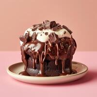 Closeup of chocolate cake with whipped cream and chocolate shavings on top. Delicious dessert with dark chocolate glaze. Sweet treat for birthday, party, or special occasion photo