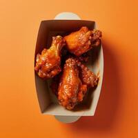 Close-up of Spicy Chicken Wings in a Cardboard Box photo