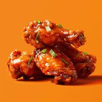 Close-Up of Glazed Chicken Wings on Orange Background photo