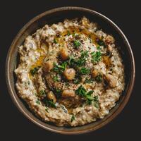Bowl of Creamy Fava Bean Dip with Toppings photo