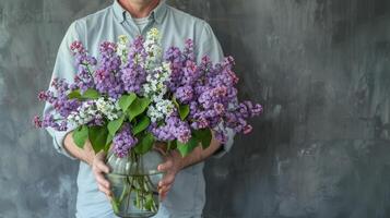 Elegant Man Holding a Beautiful Vase of Purple and White Lilacs in Studio Light against Slate Grey Background photo