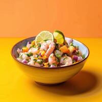 Shrimp Ceviche with Lime and Mango in a Yellow Bowl photo