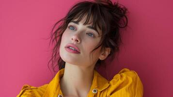 Flawless Beauty in Yellow Jumpsuit - Close-Up Portrait of Woman in Magenta Studio Setting Gazing Sideways photo