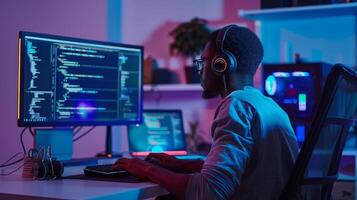 Focused Programmer Working Late at Night photo
