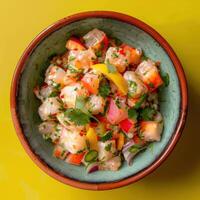 A Bowl of Fresh Ceviche with Lemon and Chili Peppers photo