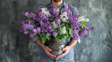 Elegant Man Holding Vibrant Lilacs in Studio Setting photo