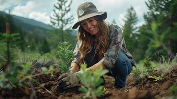 Joyful Gardener Planting in Lush Forest photo