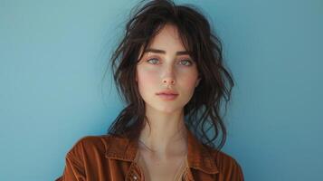 Serene Beauty in Brown Jumpsuit - Close-up Portrait of Elegant Woman with Soft Expression on Light Blue Background photo