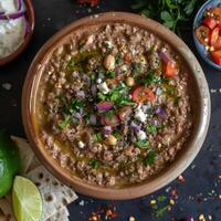 A Bowl of Fava Bean Dip with Toppings photo