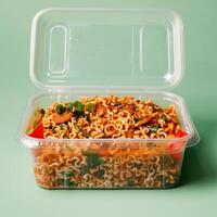 Closeup of Spicy Noodles in a Plastic Container photo