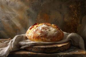 Freshly Baked Bread on Rustic Wooden Table photo