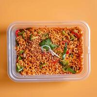 Spicy Noodles with Vegetables in a Plastic Container photo