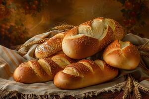 Golden Bread Loaves on a Rustic Tablecloth photo