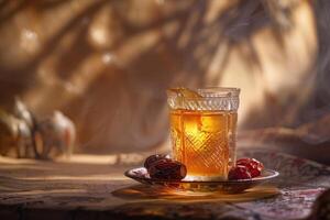 A Glass of Tea with Dates, a Warm and Inviting Setting photo