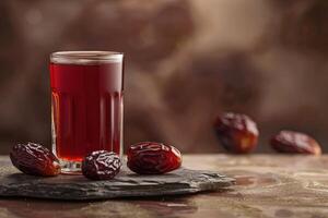 Dates and a Glass of Red Juice on a Slate Platter photo