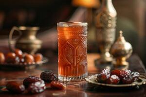 Iftar Feast Dates, a Glass of Sweet Drink, and Golden Decor photo