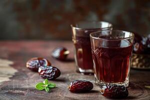 Date Juice and Dates on a Rustic Wooden Surface photo