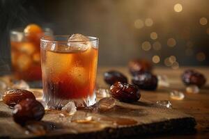 Iced Drink with Dates and a Wooden Board photo