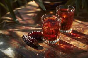 Two Glasses of Dark Beverage with Dates on a Table photo