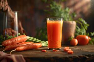 Carrot Juice and Fresh Carrots on Wooden Table photo