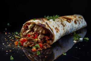 Close-up of a Delicious Burrito with Meat, Veggies, and Sauce photo