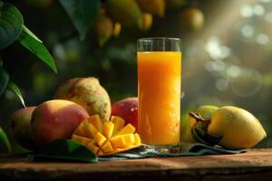 Mango Juice and Fresh Mangoes on a Wooden Table photo