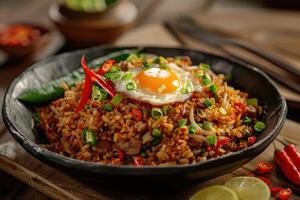 Fried Rice with Fried Egg and Chili Peppers photo