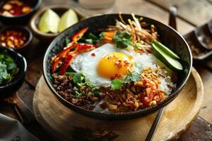 Delicious Asian Rice Bowl with Fried Egg photo