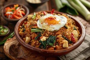 Fried Rice with Egg and Tofu in Wooden Bowl photo