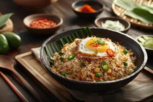 Fried Rice with Fried Egg Topped with Chili photo