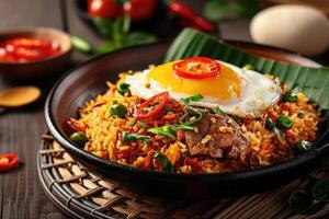 Spicy Fried Rice with Fried Egg and Meat photo