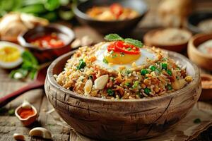 Fried Rice with Fried Egg and Chili Peppers in a Wooden Bowl photo