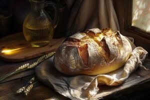 Golden Loaf of Bread on a Rustic Table photo