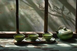 Green Tea Ceremony Set by Window photo