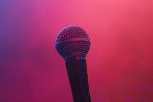 Close up of a black microphone against a pink and blue gradient background photo