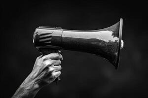 Hand holding a megaphone with a dark background photo