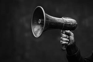Hand holding a vintage megaphone with a dark background photo