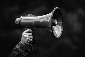 Activist holding a megaphone to amplify message during a protest photo