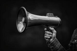 Hand holding a megaphone with a dark background photo