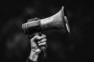 Vintage megaphone in hand raised in protest photo