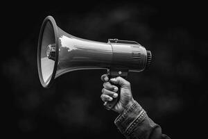 Activist holding a megaphone to amplify message during a protest photo
