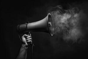 Smoke billows from a megaphone held by an anonymous hand in the dark photo