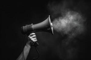 Smoke billows from a megaphone held by a hand in the darkness photo