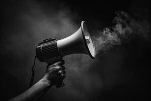 Smoke billows from a megaphone held in a hand with a dark background photo