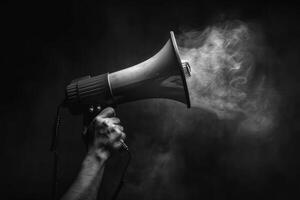 Smoke billows from a megaphone held by a hand in the darkness photo