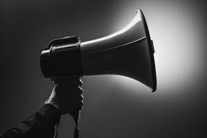Hand holding a megaphone with bright light in dark background photo