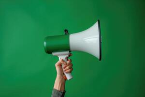 Hand holding a megaphone on a bright green background photo