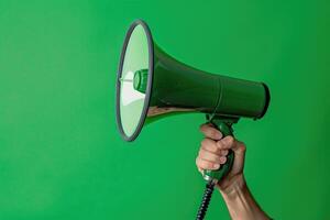 Hand holding a green megaphone against a green background photo