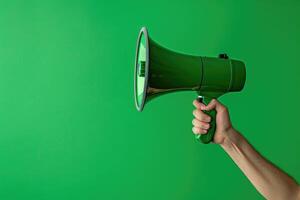 Hand holding a green megaphone on a green background photo