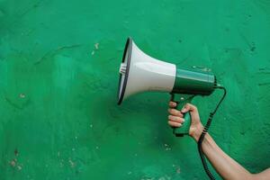 Hand holding a green and white megaphone against a green background photo